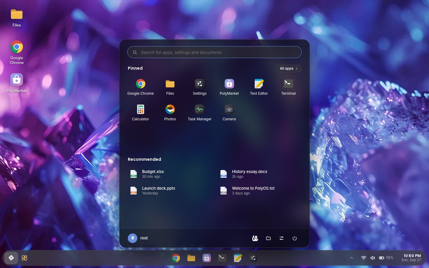 The PolyOS 7 desktop with the Start menu open